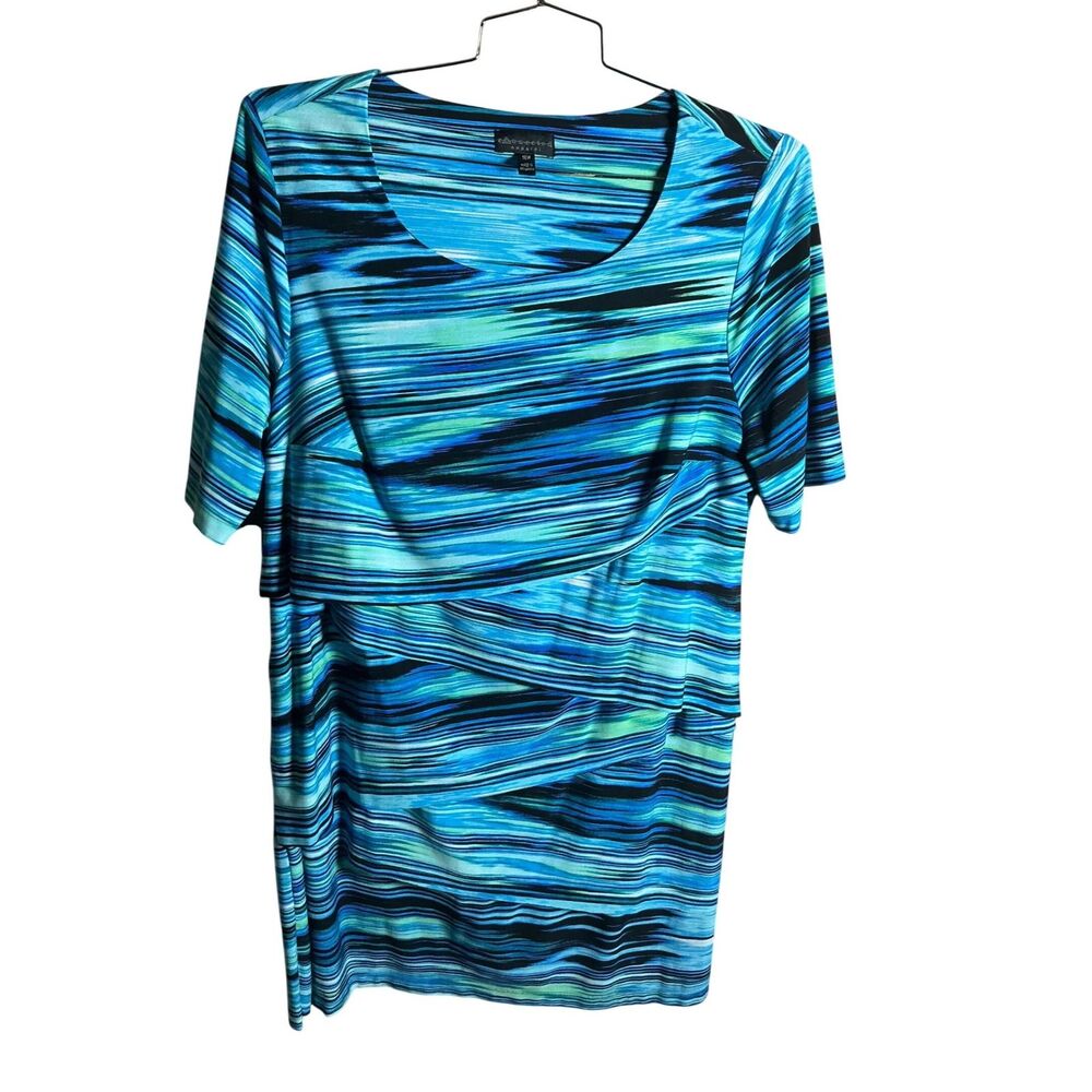 econnected Apparel Blue Green Black Abstract Tiered Layered Dress Plus Size 16W
